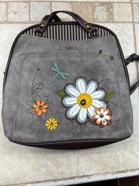Chala Gray Floral Appliqué Backpack with Orange, Yellow, White & Teal Accents